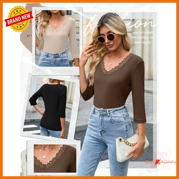 3-Pack Women's 3/4 Sleeve Lace V-Neck Ribbed Cotton Slim Fit Tops - Picture 5 of 8